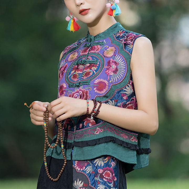 Buddha Stones、カエルボタン刺繍、花、コットンリネン、唐装デザイン、ノースリーブベスト