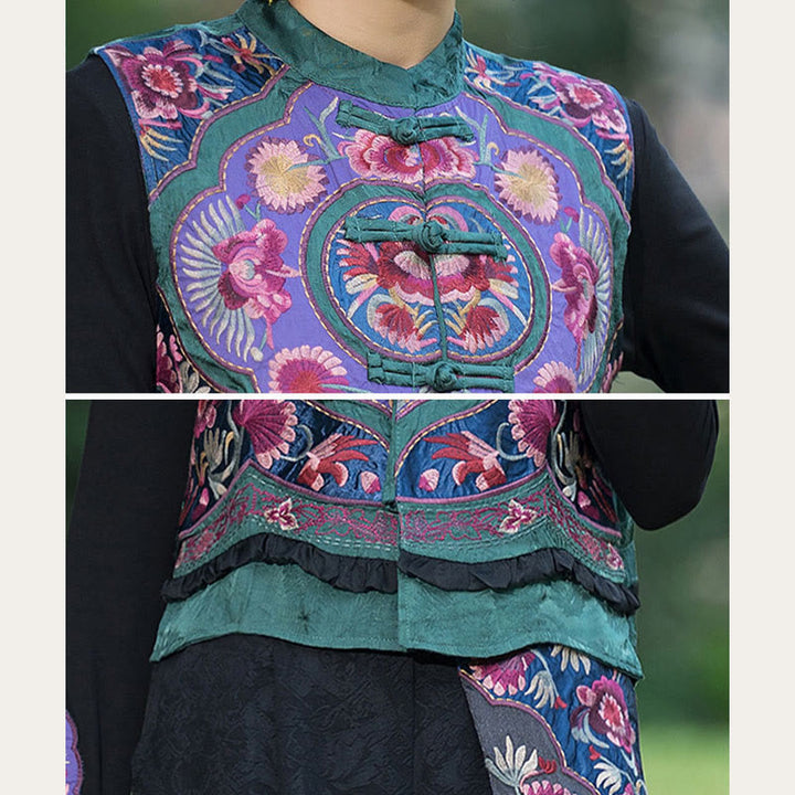 Buddha Stones、カエルボタン刺繍、花、コットンリネン、唐装デザイン、ノースリーブベスト