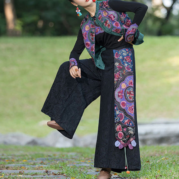 Buddha Stones、カエルボタン刺繍、花、コットンリネン、唐装デザイン、ノースリーブベスト