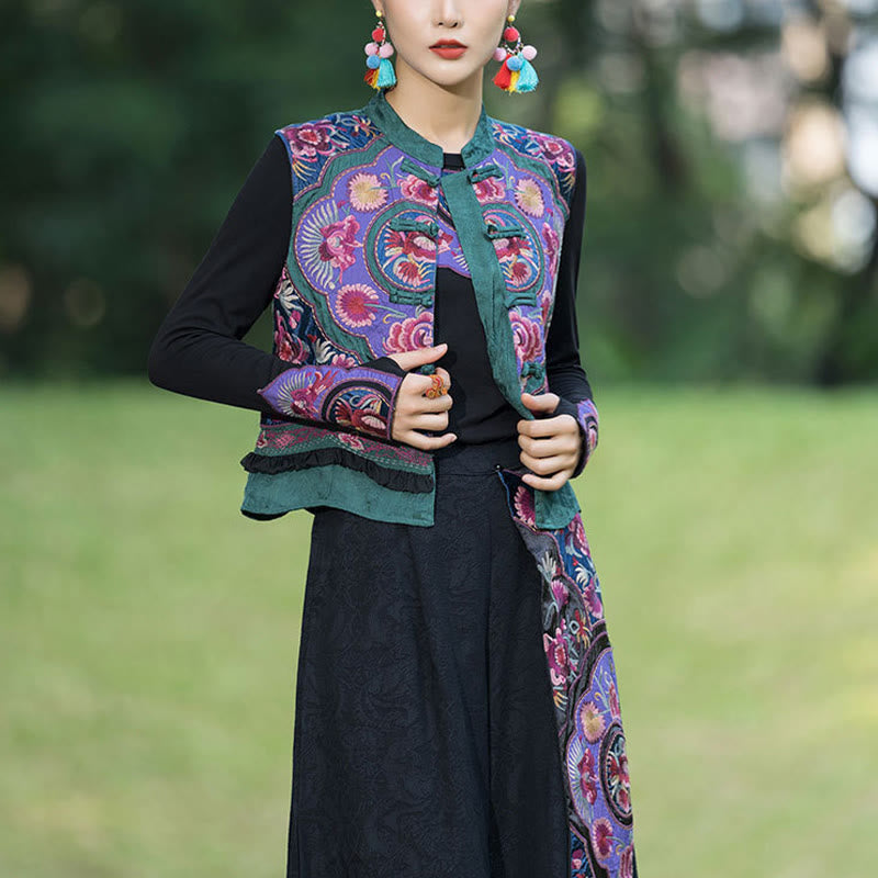 Buddha Stones、カエルボタン刺繍、花、コットンリネン、唐装デザイン、ノースリーブベスト - image 2