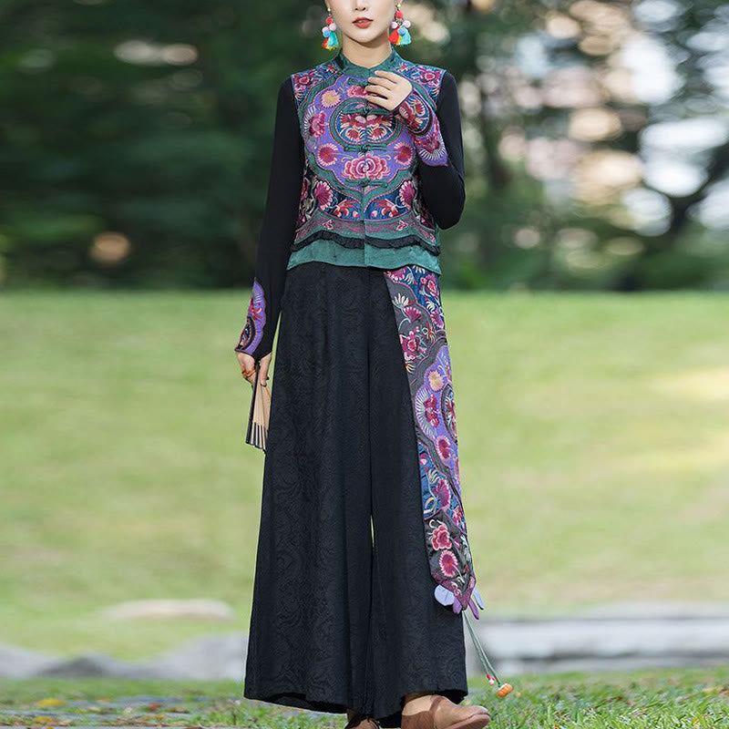 Buddha Stones、カエルボタン刺繍、花、コットンリネン、唐装デザイン、ノースリーブベスト - image 5