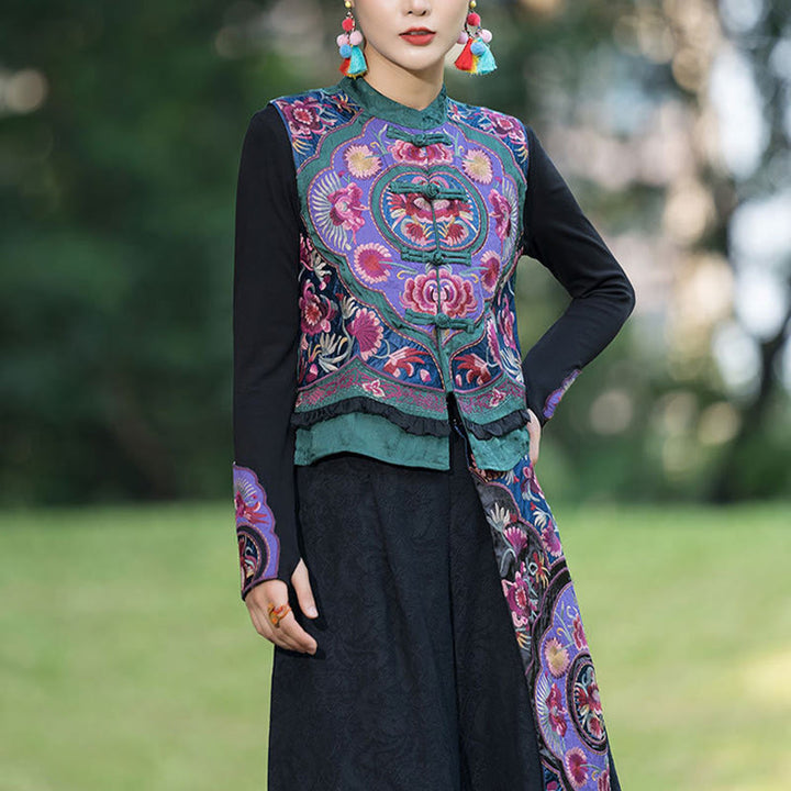 Buddha Stones、カエルボタン刺繍、花、コットンリネン、唐装デザイン、ノースリーブベスト - image 3