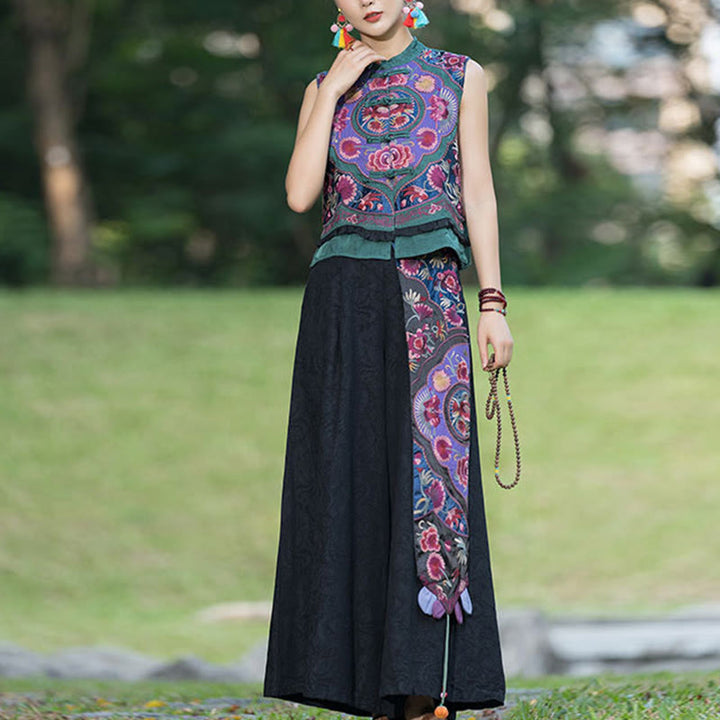 Buddha Stones、カエルボタン刺繍、花、コットンリネン、唐装デザイン、ノースリーブベスト - image 6