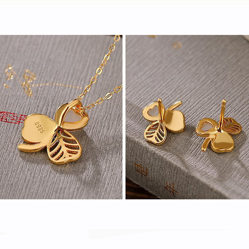 Buddha Stones 925スターリングシルバーメッキゴールド和田翡翠幸運シャムロッククローバーネックレスペンダントイヤリング
