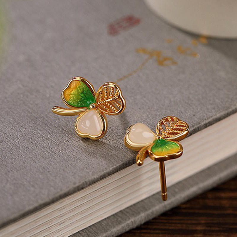 Buddha Stones 925スターリングシルバーメッキゴールド和田翡翠幸運シャムロッククローバーネックレスペンダントイヤリング