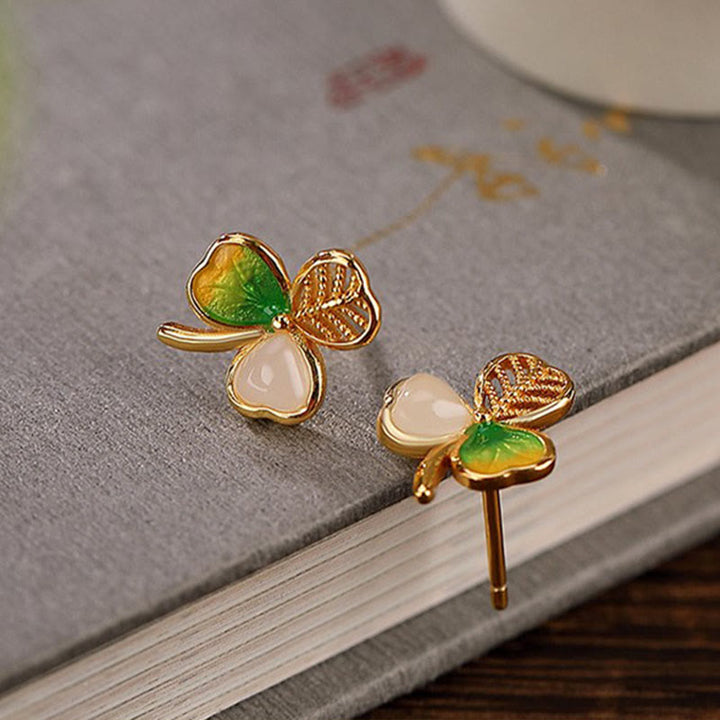 Buddha Stones 925スターリングシルバーメッキゴールド和田翡翠幸運シャムロッククローバーネックレスペンダントイヤリング