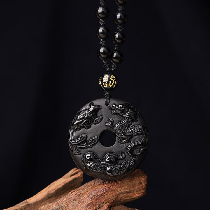 Buddha Stones黒曜石 龍 鳳凰 鴛鴦 幸運 守護 ネックレス ペンダント