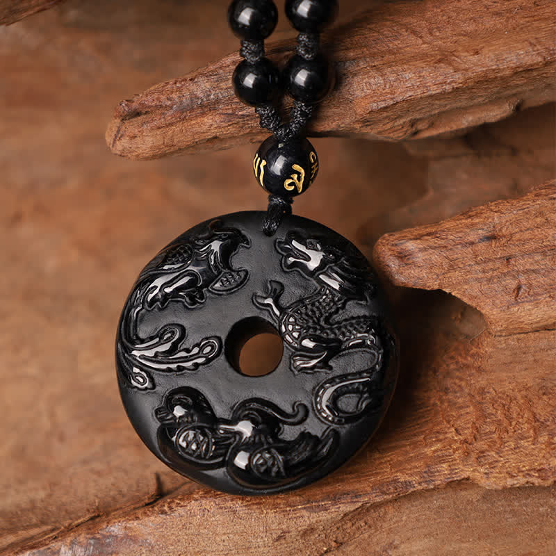 Buddha Stones黒曜石 龍 鳳凰 鴛鴦 幸運 守護 ネックレス ペンダント