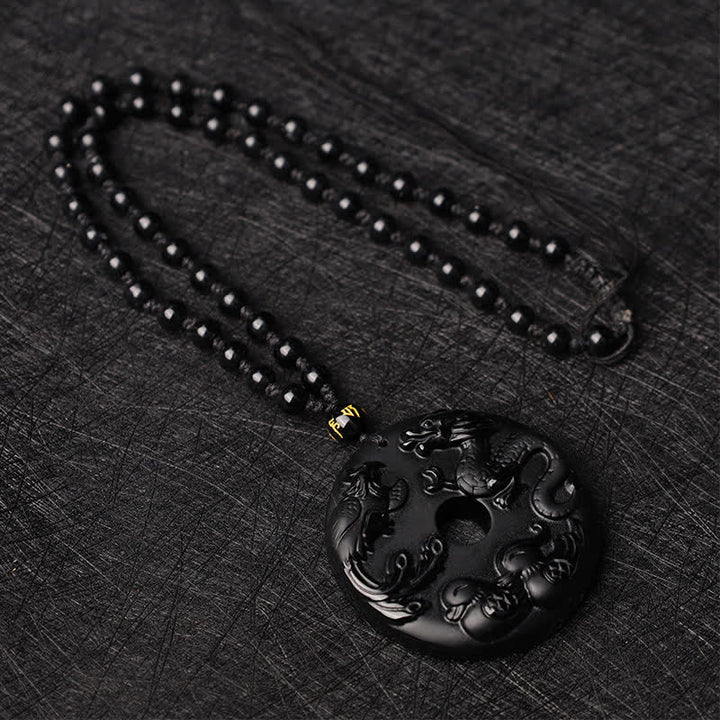 Buddha Stones黒曜石 龍 鳳凰 鴛鴦 幸運 守護 ネックレス ペンダント