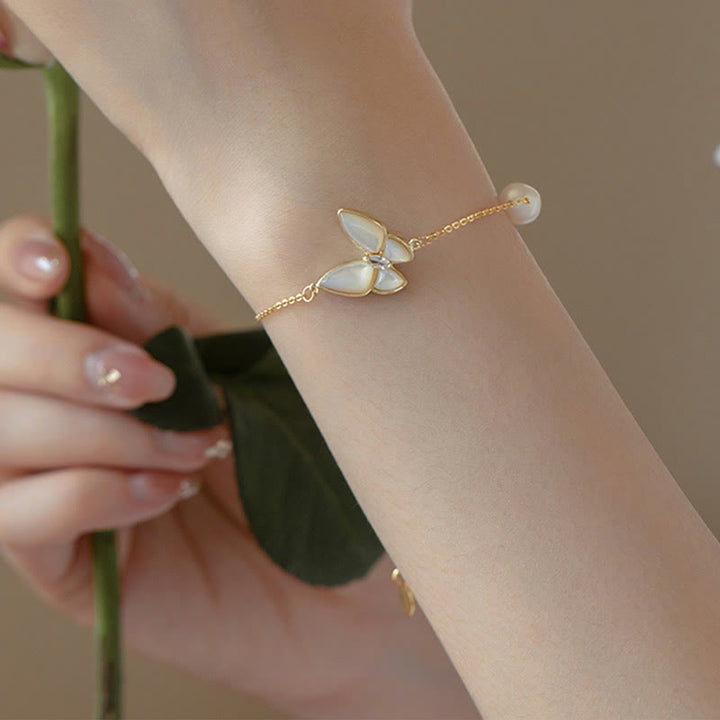 Buddha Stones 14K ゴールドメッキ 銅パール シャコガイ 石 バタフライ 祝福リング ブレスレット ネックレス ペンダント イヤリング セット