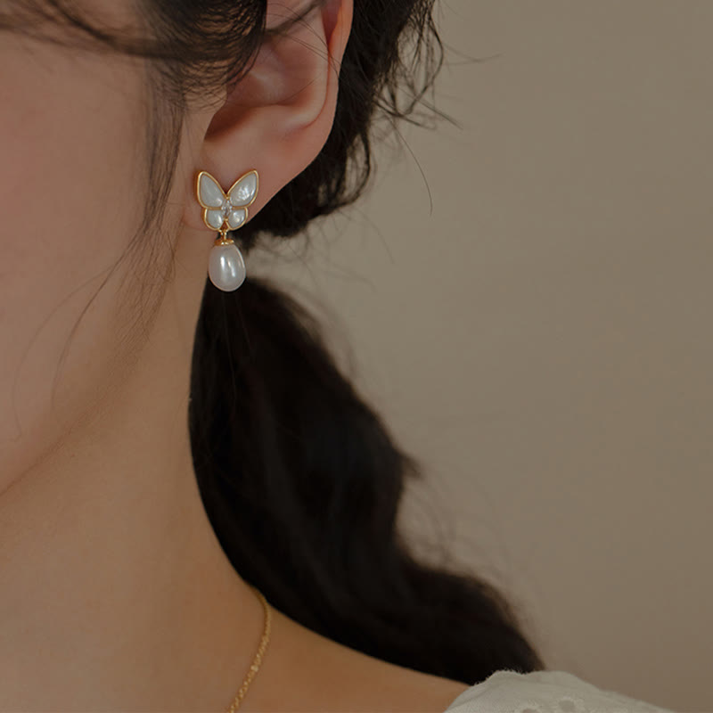 Buddha Stones 14K ゴールドメッキ 銅パール シャコガイ 石 バタフライ 祝福リング ブレスレット ネックレス ペンダント イヤリング セット