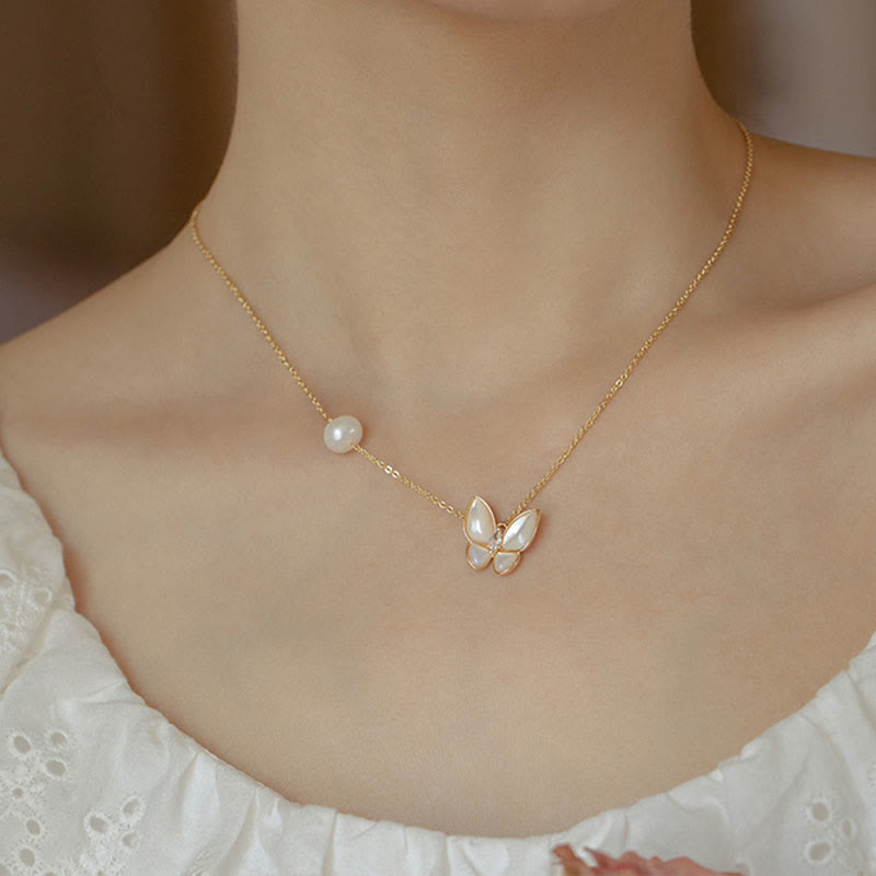 Buddha Stones 14K ゴールドメッキ 銅パール シャコガイ 石 バタフライ 祝福リング ブレスレット ネックレス ペンダント イヤリング セット