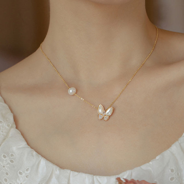 Buddha Stones 14K ゴールドメッキ 銅パール シャコガイ 石 バタフライ 祝福リング ブレスレット ネックレス ペンダント イヤリング セット