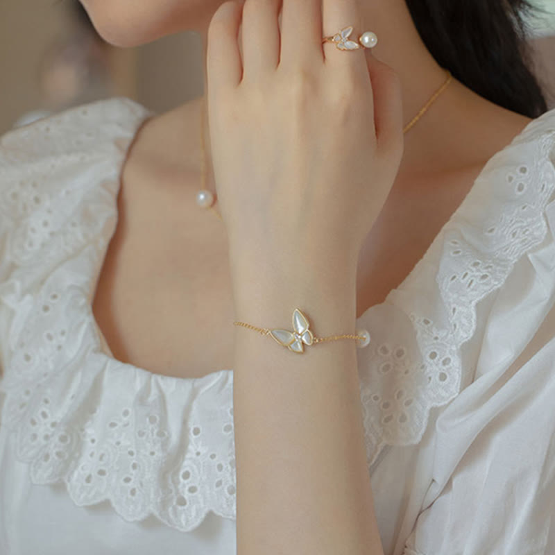 Buddha Stones 14K ゴールドメッキ 銅パール シャコガイ 石 バタフライ 祝福リング ブレスレット ネックレス ペンダント イヤリング セット