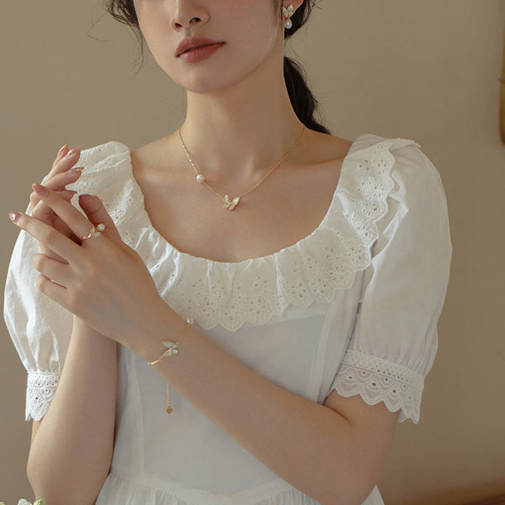 Buddha Stones 14K ゴールドメッキ 銅パール シャコガイ 石 バタフライ 祝福リング ブレスレット ネックレス ペンダント イヤリング セット