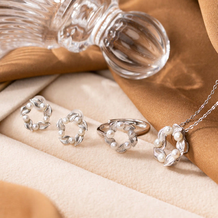 Buddha Stones925スターリングシルバー パールリーフデザイン ヒーリングウィズダムネックレス ペンダント リング イヤリングセット - 3点（ネックレス、イヤリング、リング） - image 0