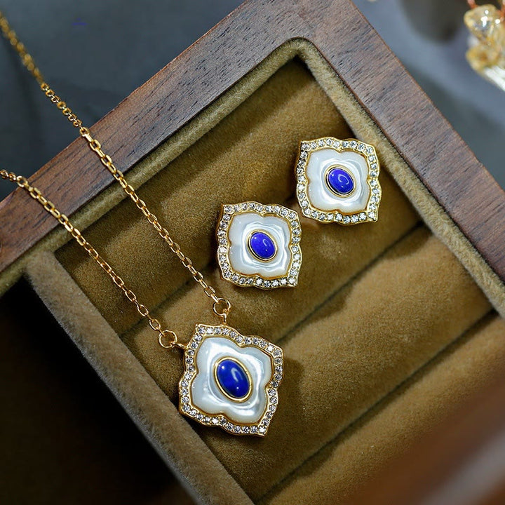 Buddha Stones 925スターリングシルバー トリダクナストーン ラズライト プリズマティックデザイン 祝福イヤリング ネックレス ペンダント ジュエリーセット
