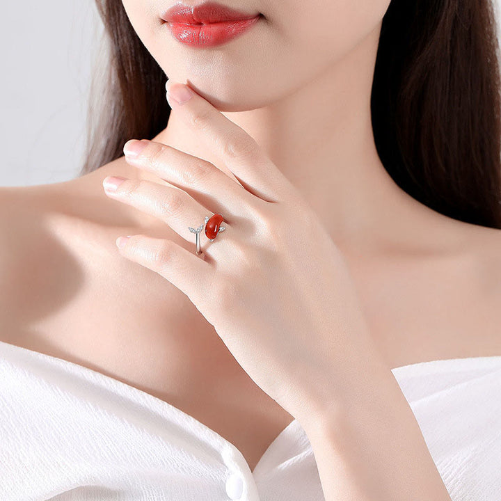 Buddha Stones 925スターリングシルバー キュートイルカ 和田翡翠 レッドアゲート 幸運ネックレス ペンダント リング イヤリングセット