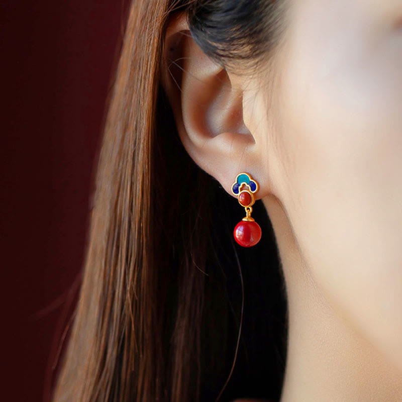 Buddha Stones 925スターリングシルバーメッキゴールド辰砂レッドアゲート祝福ネックレスペンダントイヤリングリングセット