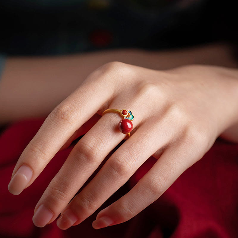 Buddha Stones 925スターリングシルバーメッキゴールド辰砂レッドアゲート祝福ネックレスペンダントイヤリングリングセット