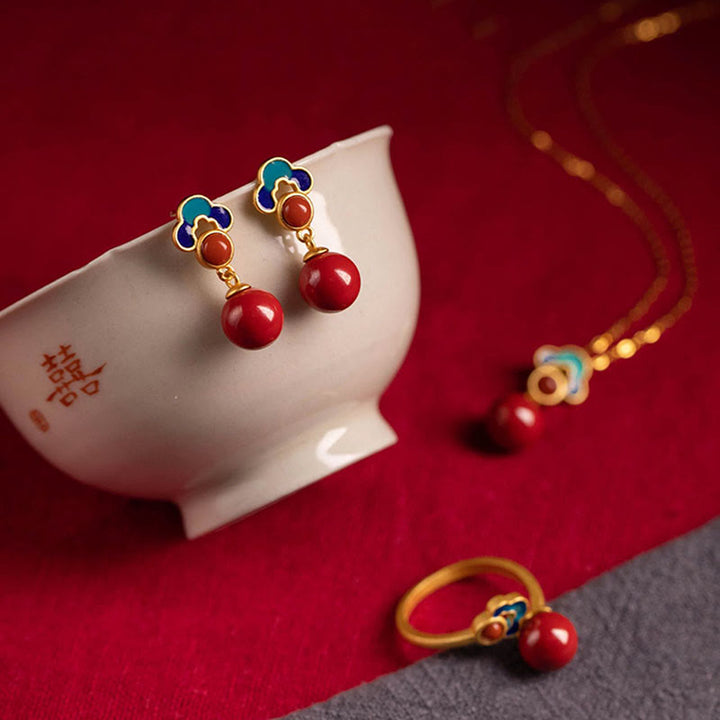 Buddha Stones 925スターリングシルバーメッキゴールド辰砂レッドアゲート祝福ネックレスペンダントイヤリングリングセット