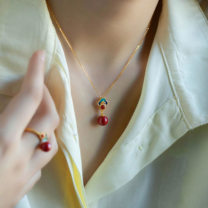 Buddha Stones 925スターリングシルバーメッキゴールド辰砂レッドアゲート祝福ネックレスペンダントイヤリングリングセット