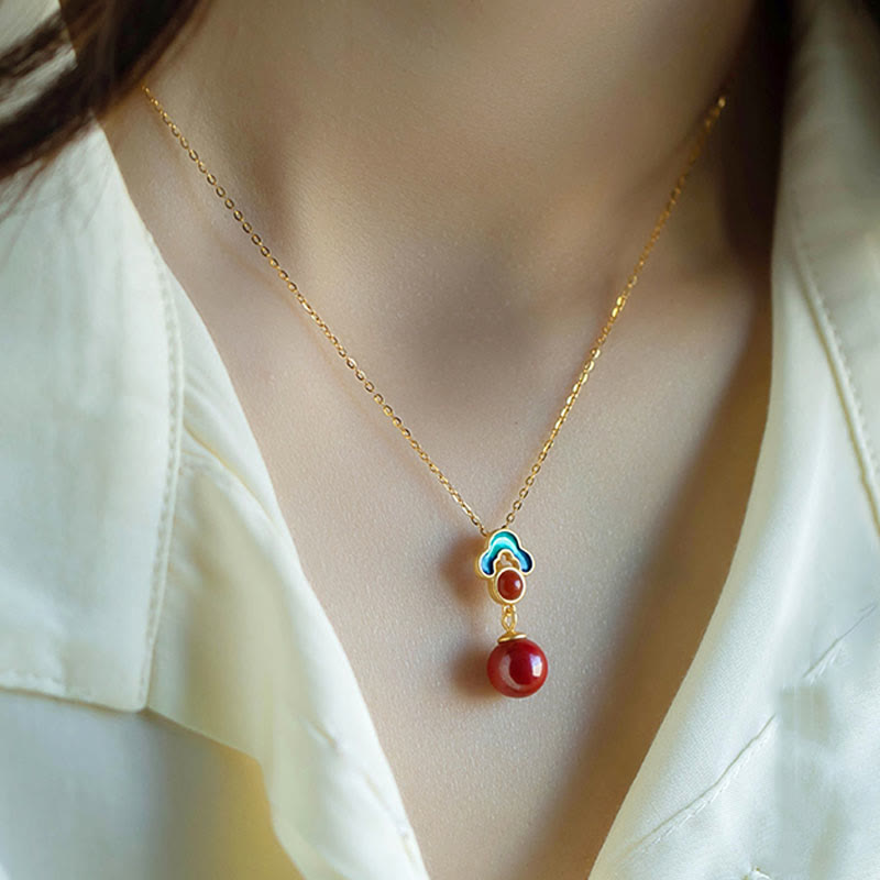 Buddha Stones 925スターリングシルバーメッキゴールド辰砂レッドアゲート祝福ネックレスペンダントイヤリングリングセット