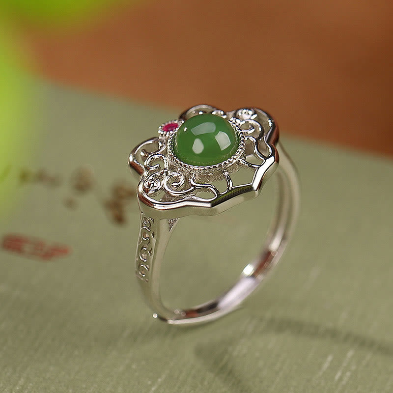 Buddha Stones 925スターリングシルバー 天然和田翡翠 中空デザイン 幸運リング イヤリングセット