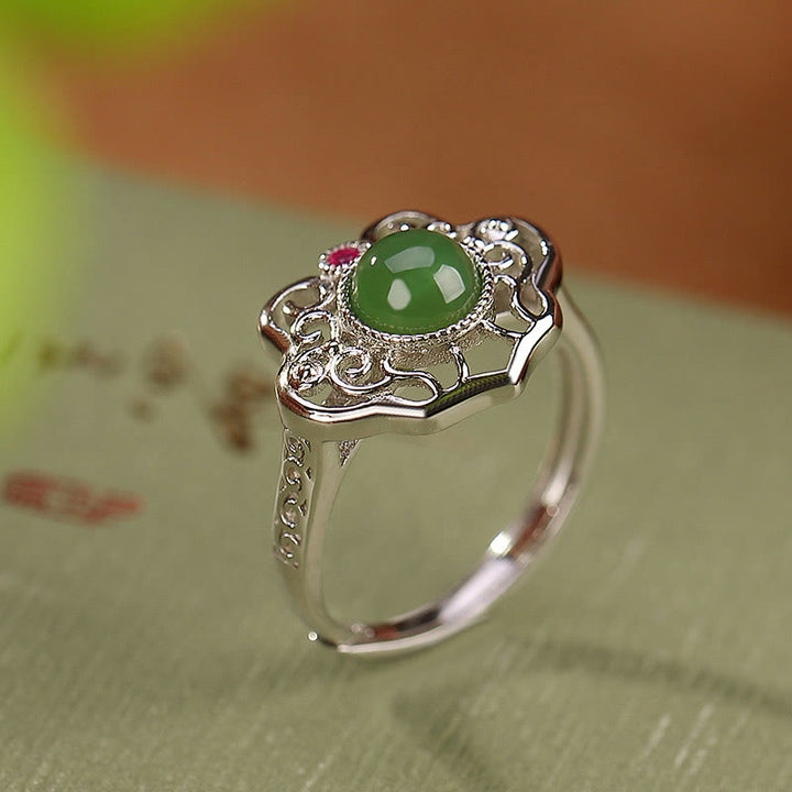 Buddha Stones 925スターリングシルバー 天然和田翡翠 中空デザイン 幸運リング イヤリングセット