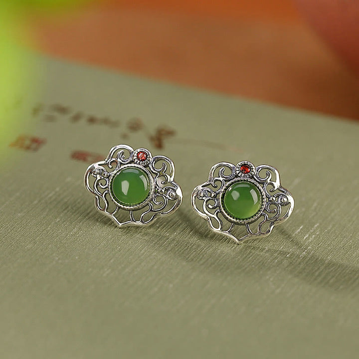 Buddha Stones 925スターリングシルバー 天然和田翡翠 中空デザイン 幸運リング イヤリングセット