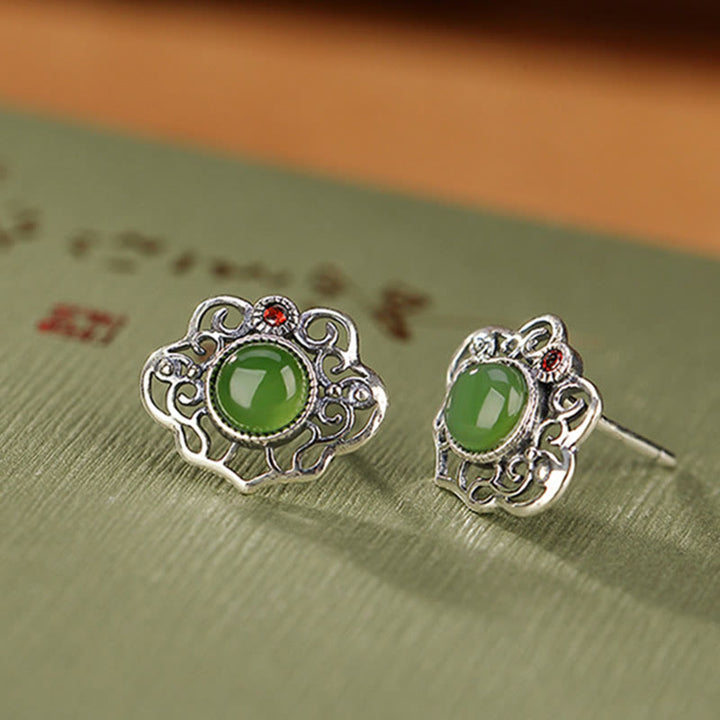 Buddha Stones 925スターリングシルバー 天然和田翡翠 中空デザイン 幸運リング イヤリングセット