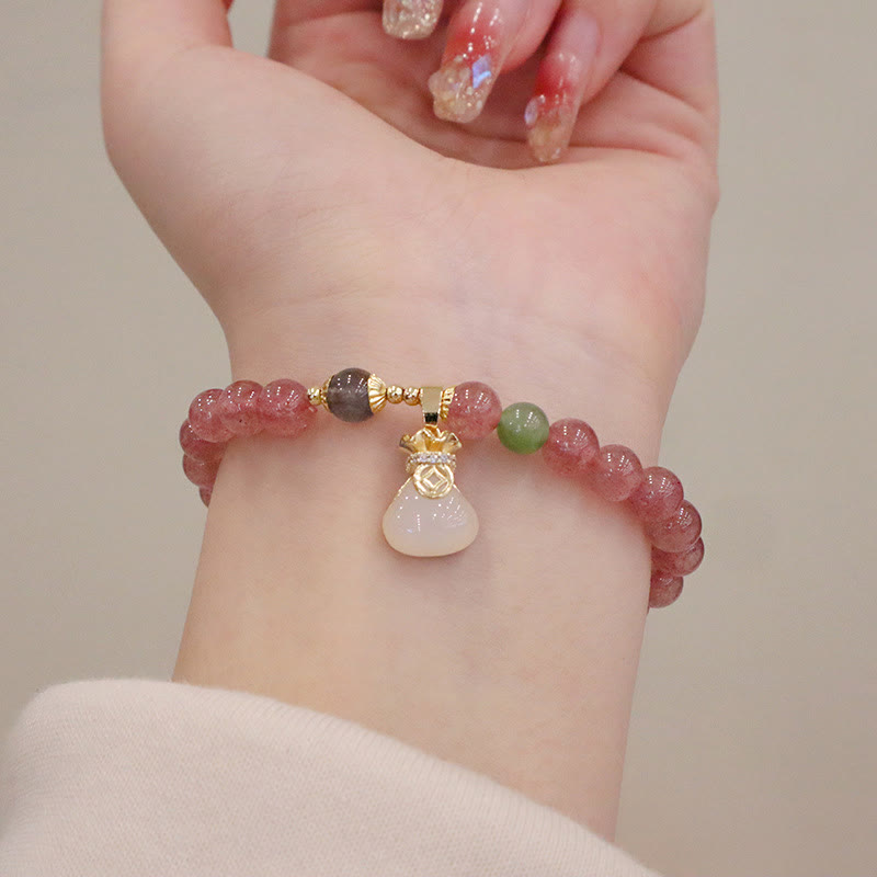 Buddha Stones天然ストロベリークォーツ 翡翠 ピースバックル コインケース ヒーリングブレスレット