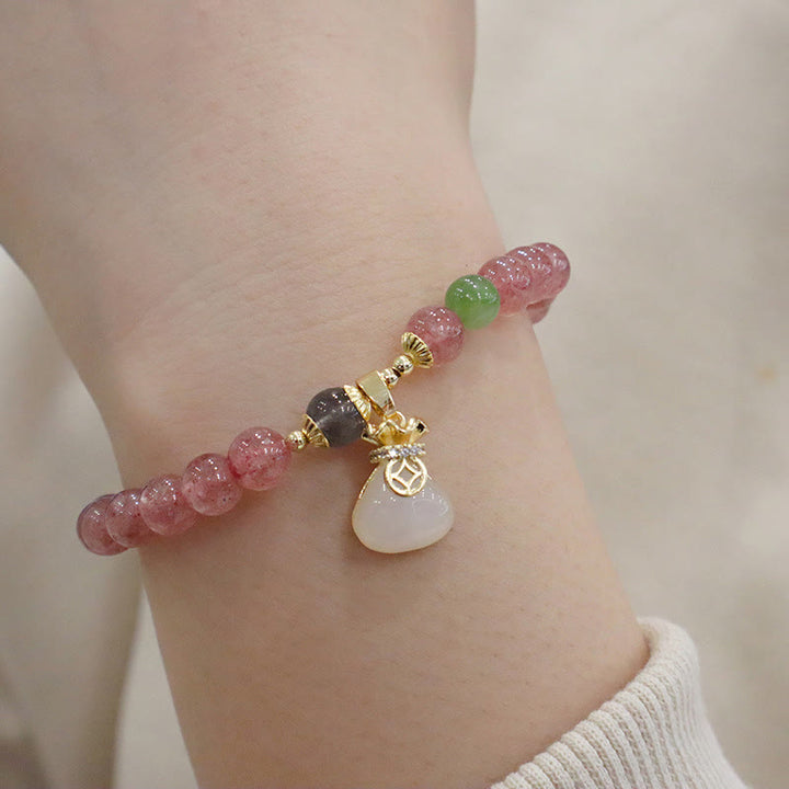 Buddha Stones天然ストロベリークォーツ 翡翠 ピースバックル コインケース ヒーリングブレスレット