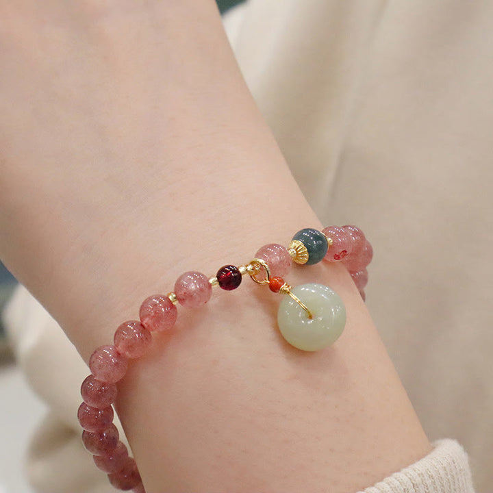 Buddha Stones天然ストロベリークォーツ 翡翠 ピースバックル コインケース ヒーリングブレスレット