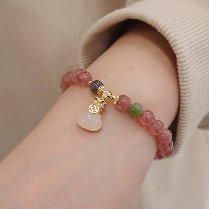 Buddha Stones天然ストロベリークォーツ 翡翠 ピースバックル コインケース ヒーリングブレスレット