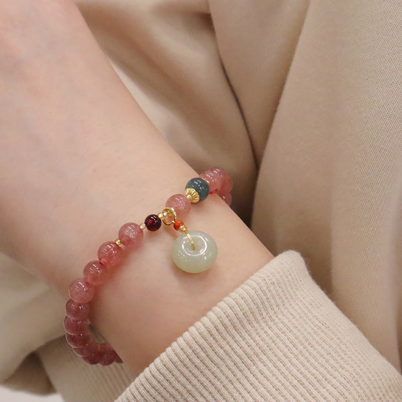 Buddha Stones天然ストロベリークォーツ 翡翠 ピースバックル コインケース ヒーリングブレスレット