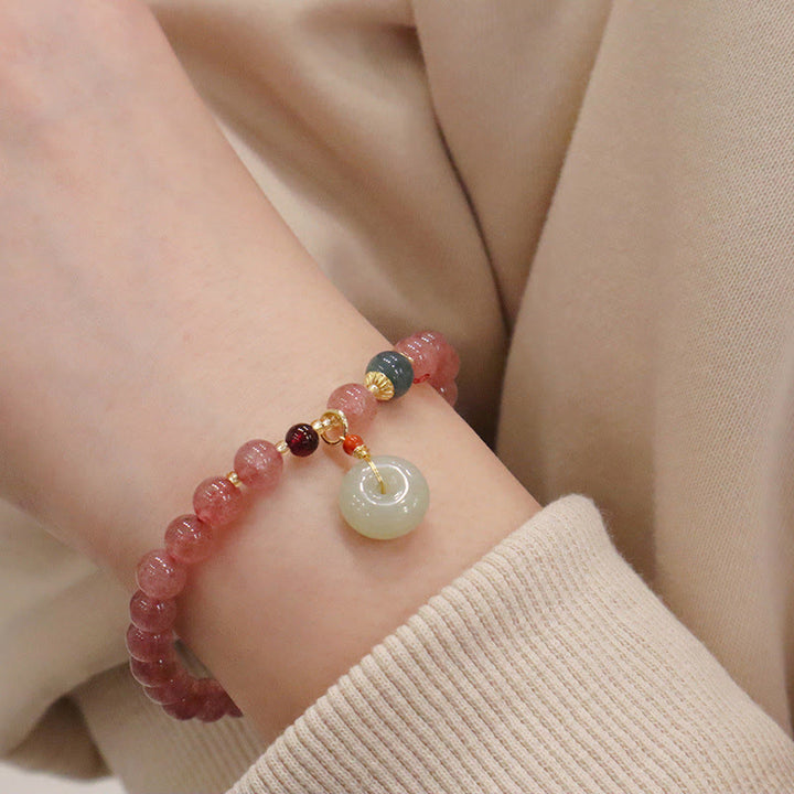 Buddha Stones天然ストロベリークォーツ 翡翠 ピースバックル コインケース ヒーリングブレスレット