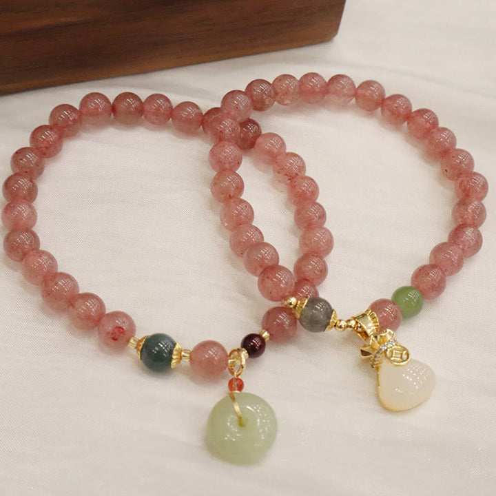 Buddha Stones天然ストロベリークォーツ 翡翠 ピースバックル コインケース ヒーリングブレスレット