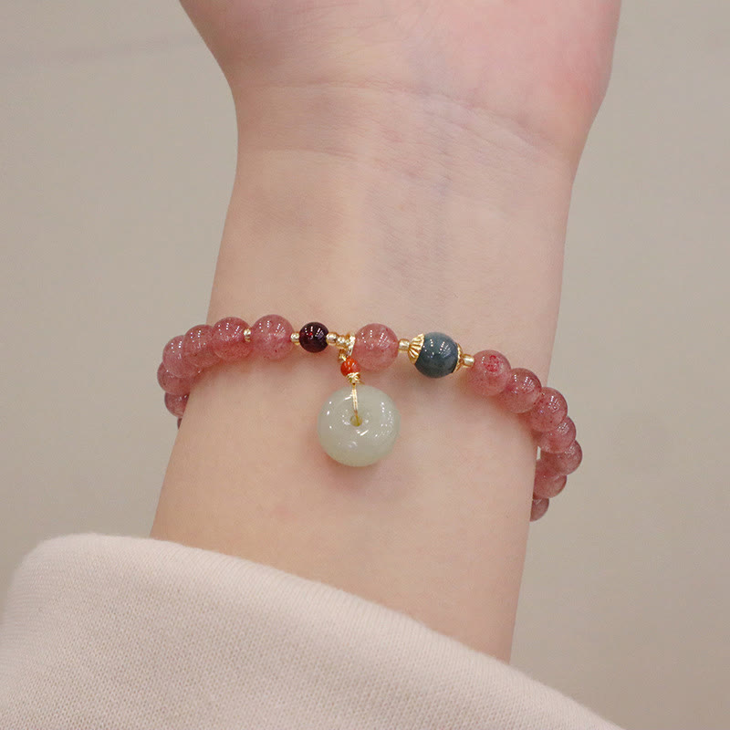 Buddha Stones天然ストロベリークォーツ 翡翠 ピースバックル コインケース ヒーリングブレスレット