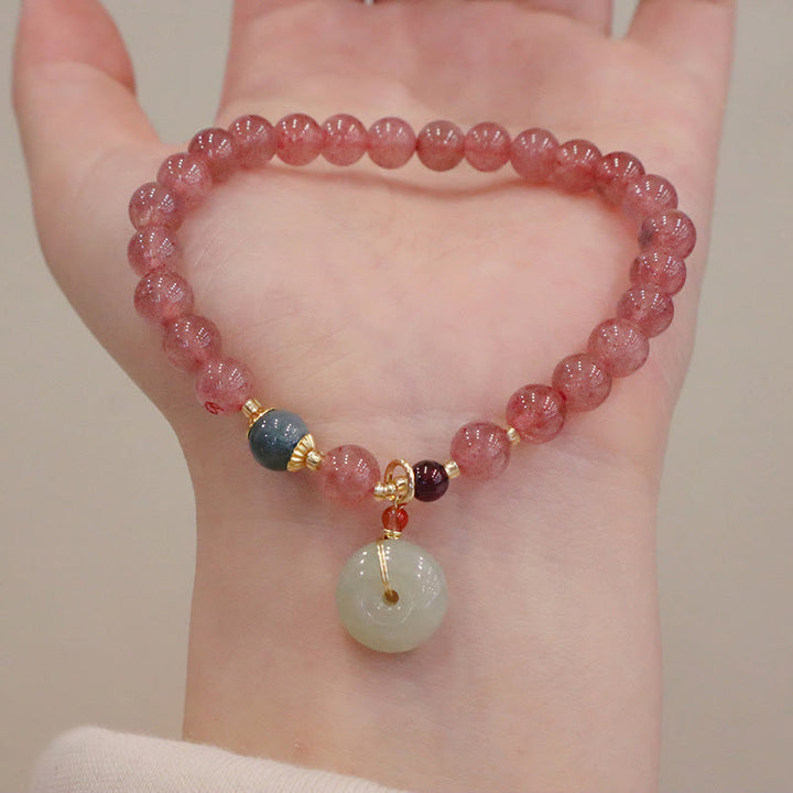 Buddha Stones天然ストロベリークォーツ 翡翠 ピースバックル コインケース ヒーリングブレスレット