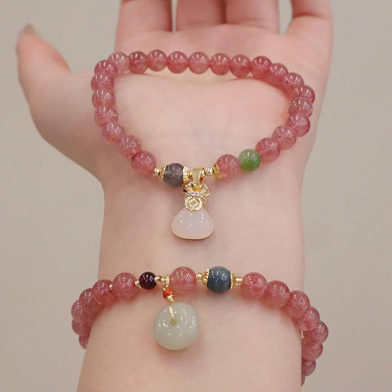 Buddha Stones天然ストロベリークォーツ 翡翠 ピースバックル コインケース ヒーリングブレスレット