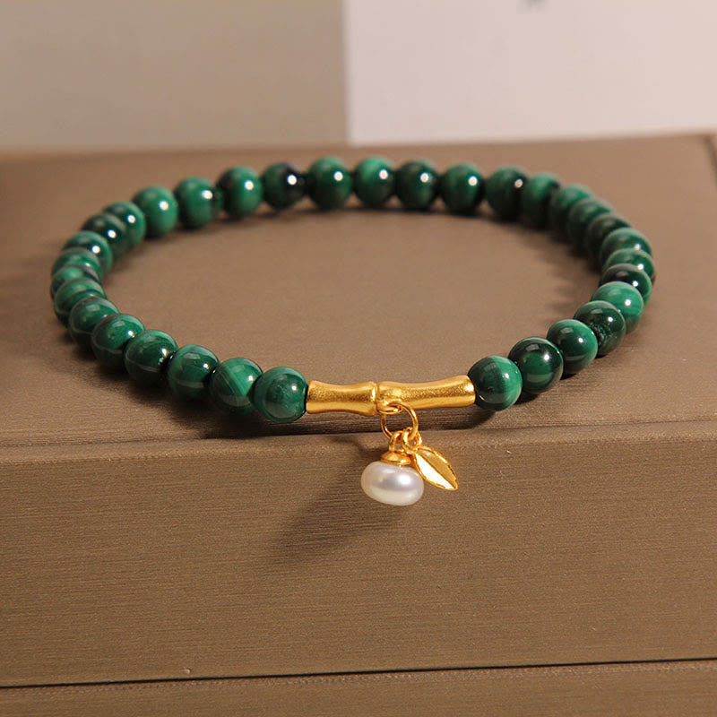 Buddha Stones天然マラカイトパール ラッキーバンブー 抗不安ブレスレット