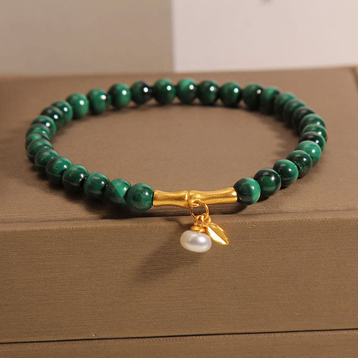 Buddha Stones天然マラカイトパール ラッキーバンブー 抗不安ブレスレット
