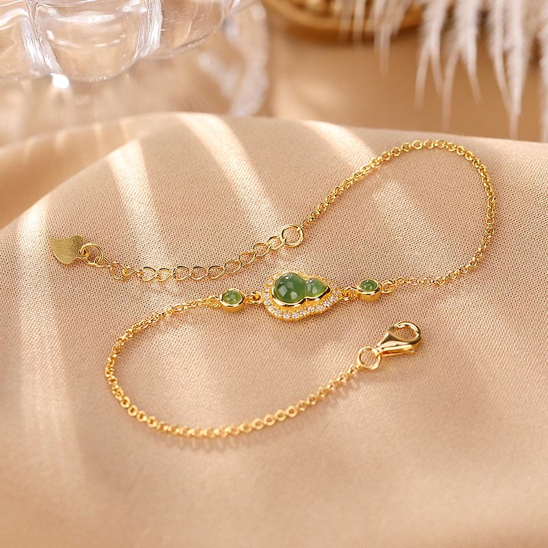 Buddha Stones925 スターリングシルバー ゴールドメッキ 天然和田翡翠 ひょうたん 幸運のブレスレット リングセット