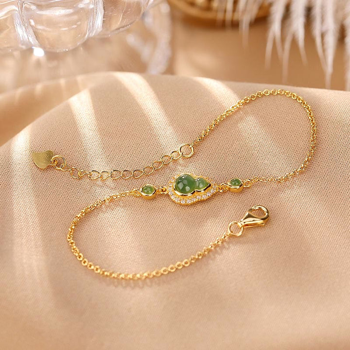 Buddha Stones925 スターリングシルバー ゴールドメッキ 天然和田翡翠 ひょうたん 幸運のブレスレット リングセット