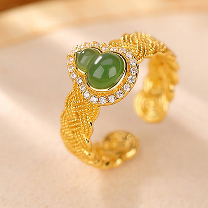 Buddha Stones925 スターリングシルバー ゴールドメッキ 天然和田翡翠 ひょうたん 幸運のブレスレット リングセット