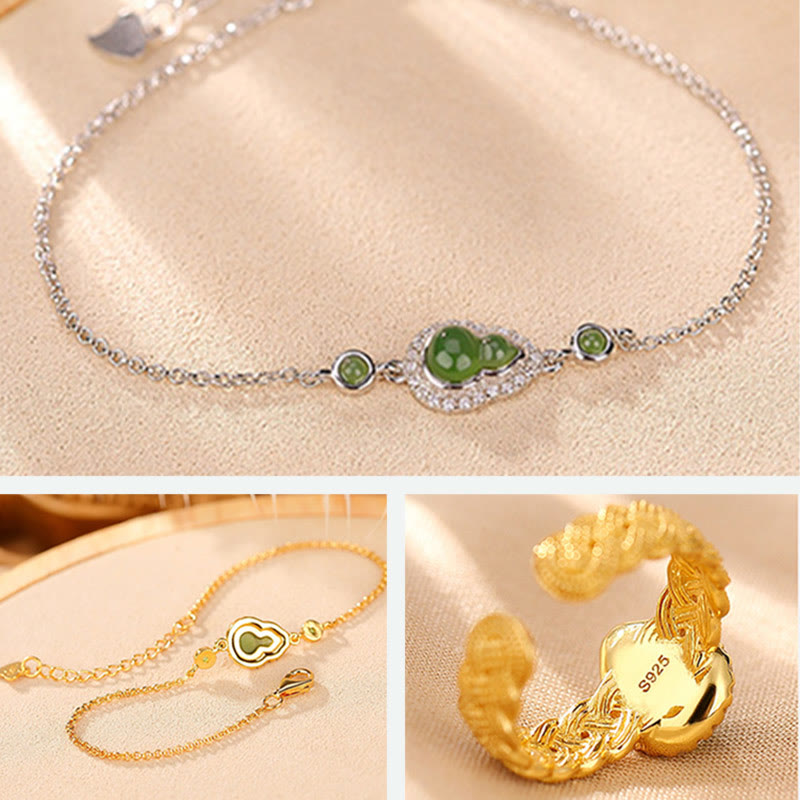 Buddha Stones925 スターリングシルバー ゴールドメッキ 天然和田翡翠 ひょうたん 幸運のブレスレット リングセット