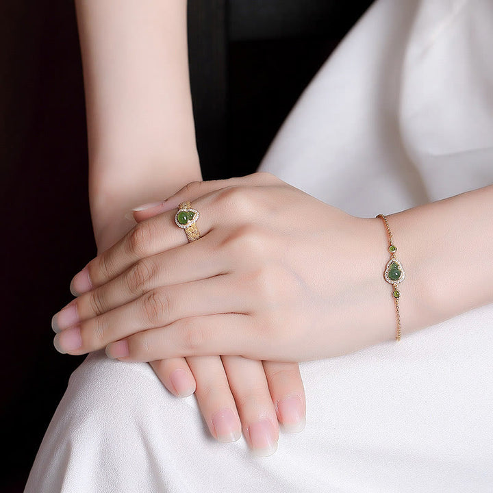 Buddha Stones925 スターリングシルバー ゴールドメッキ 天然和田翡翠 ひょうたん 幸運のブレスレット リングセット