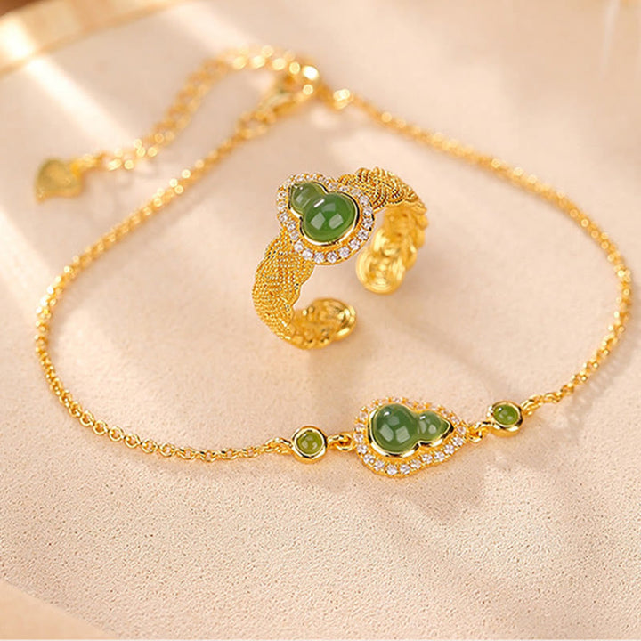 Buddha Stones925 スターリングシルバー ゴールドメッキ 天然和田翡翠 ひょうたん 幸運のブレスレット リングセット