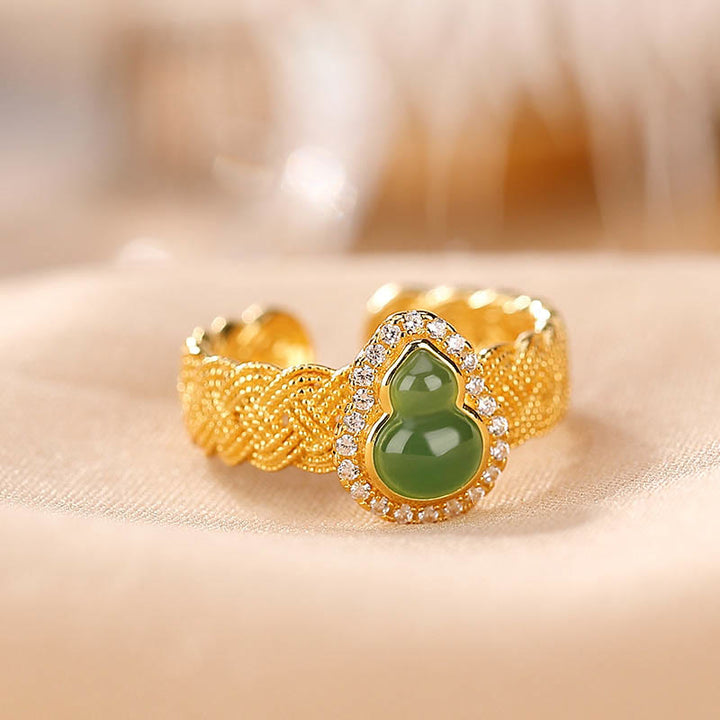 Buddha Stones925 スターリングシルバー ゴールドメッキ 天然和田翡翠 ひょうたん 幸運のブレスレット リングセット